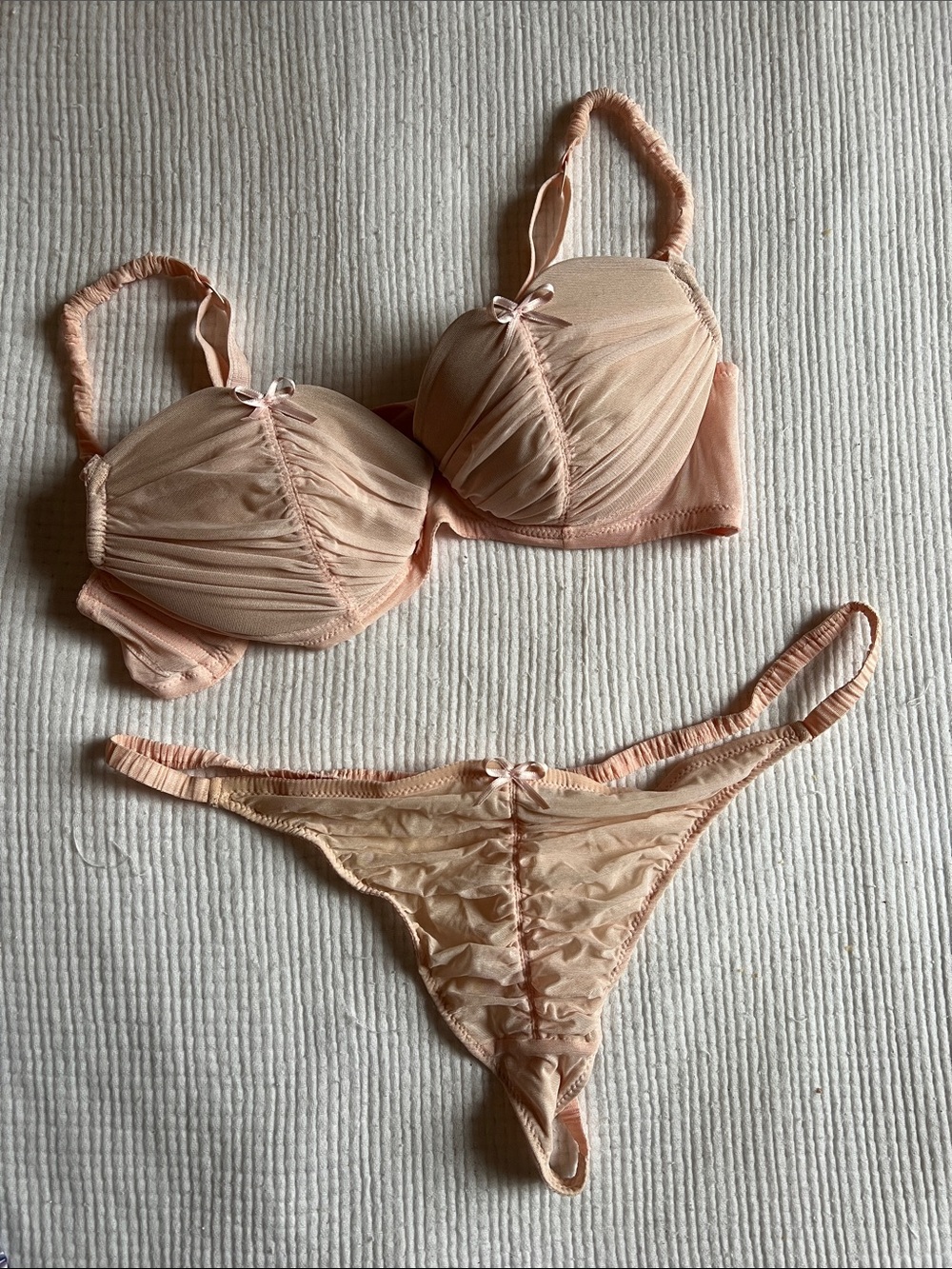 Sheer Ruched Peach Bra & Thong Set
